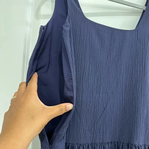 Anthropologie dress XS navy blue square neck seersucker Sleeveless Button-Down - Picture 11 of 16